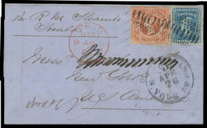 UNITED STATES: 1857 outer to New York "Per RM Steamer Simla" with NSW Imperf Diadems 2d (margins just touching to large) & 1/- (margins close to good) tied by very fine bars & dots cancels of Sydney (superb b/s of FE10/1857), London transit cds of 1857/9A