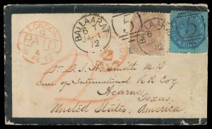 UNITED STATES: 1872 mourning cover to Texas USA - an unusual destination - with Victorian DLR 2d (defective) & Laureate 1/- tied by fine 'BALLAARAT - 5' duplex, London & New York transits in red on the face, a little aged & slightly truncated at right. Be