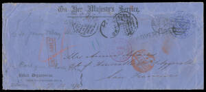 UNITED STATES: 1874 (Oct 7) long OHMS envelope with 'Police Department' imprint at L/L & 'CHIEF SECRETARY' Frank h/s in blue overstruck with Melbourne duplex, to California with London transit cds of 4DE74 & 'SAN FRANCISCO/ DEC/25/PAID ALL' arrival cds (C