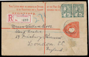 Small box with NSW 1846 to Glasgow with superb arrival b/s, Registration Envelopes from NSW x13 (NOT Tatts correspondence!) & from Queensland in 1912 with scarce 'TOOWOOMBA' label, Queensland 1d Postal Card with superb '5/CTS/T' h/s, Victoria 1861 entir