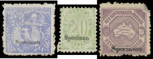 QV 'REPRINT' selection including (6d) 'REGISTERED' and 5/- Coin, 'Specimen' overprints to 20/- Governor's including Double Overprint on 5/- Map (thinned at top right), also 'Specimen' Postage Dues SG D2-10, condition varied, Cat £590+. (26)