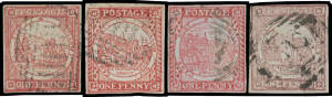 1850-51 Sydney Views ONE PENNY group with No Clouds SG 2 and Clouds various shades x10 including a horizontal pair & Laid Paper with No Clouds SG 13c, all with full margins though close to just clear in places, various cancellations of varying standard, C