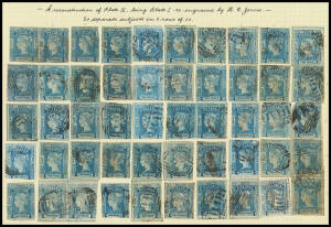 1854 Laureates with Numeral Watermark 2d blue SG 84-86 group complete reconstruction of 50 (10x5) including two pairs, condition variable but many are attractive &/or fine to very fine, Cat £600 (minimum). (50)