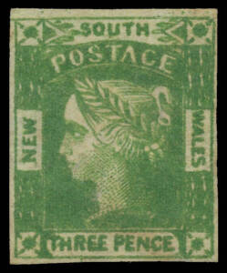 1854 Laureates with Numeral Watermark 3d yellow-green SG 87, margins close to good, minor stain at the base, unused, Cat &pound;600.