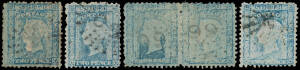 1860-72 Perforated Diadems 2d Prussian blue Plate II Major Retouches comprising three singles (one a bit aged) & a horizontal pair [57-58] the first unit with Second Retouch: Cross-Hatching around Neck, generally lightly cancelled leaving the retouched ar