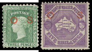 REPRINTS: 3d green & 5/- Map both with 'OS' Overprint in Red, CTO with 'GPO'- or 'NSW'-in-concentric-ovals. Scarce.