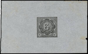 RAILWAY STAMPS: 1890 First Issue 6d die proof in black on tissue paper (175x108mm), minor peripheral blemishes but remarkably fine for such an ethereal item. Elsmore Online Cat $1500. Ex Charles & Francis Kiddle. [It is believed that only one other exampl