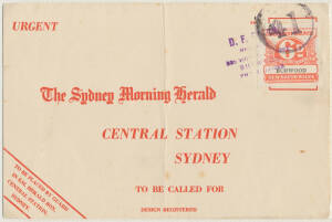 RAILWAY STAMPS: Sydney Morning Herald envelopes with 6d pink 'BURWOOD', or 'GOVERNMENT TRAMWAYS' 6d turquoise or 9d dull blue; also piece with 3c & 30c + Commonwealth Railways 12c (all with faults but a scarce combination franking). Very scarce/rare quart