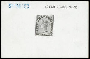 REVENUES: 1880 Small Format 2d die proof in black on highly glazed stock (92x60mm) handstamped '21MAY80' in blue & 'AFTER HARDENING'. Rare. Ex Charles & Francis Kiddle. [Peck & Smith (1999) record only a 9d die proof 'BEFORE HARDENING]