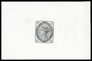 REVENUES: 1880 Small Format 3d die proof in black on highly glazed stock (92x60mm) with no handstamps. Rare. Ex Charles & Francis Kiddle. [Peck & Smith (1999) record only a 9d die proof 'BEFORE HARDENING]