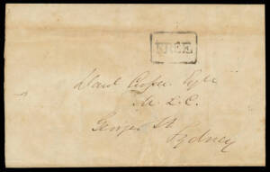 1849 (Oct 8) part-entire to "Danl Cuper MLC" with a good strike of the boxed 'FREE' h/s (#F12) of Braidwood (oval b/s) irregularly in black, Sydney arrival b/s, overall soiling/staining. Ex Victor Frankenstein (2000) & Brian Peace. [Stated to be only the 