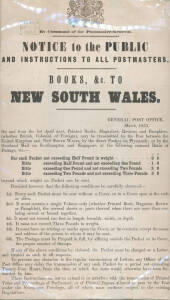 1853 London GPO notice regarding Postal Rates for Books etc to New South Wales (252x400mm), Scottish boxed 'LERWICKAP15/1853' datestamp in green. Unusually fine; it would look terrific framed.