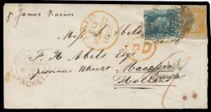 1855 cover to Holland "p James Baines" with scarce franking of Laureates 2d (margins just clear to huge) & 8d yellow-orange SG 80 (faults; Cat £600 x2+ on cover) tied by messy bars cancels of Sydney (very fine b/s of MR*5/1855), 'AUSTRALIAN/PAID/LIVERPOOL