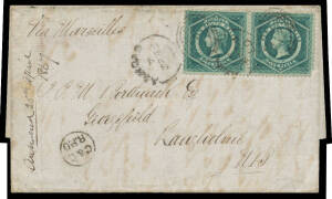 1867 outer to Scotland "Via Marseilles" with scarce franking of Diadems 5d blue-green pair (corner fault at lower-right) tied by Sydney duplex of 67/FE22, British tiny undated 'C&C/RPO' TPO handstamp & 'LANGHOLME/AP13/1867' arrival b/s, minor blemishes. C