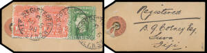 1898 complete tiny parcel tag to "BQ Corney/Suva/Fiji" with 1d pair & 3d tied to the reverse by 'REGISTERED/SYDNEY NSW' cds. Superb! A marvellous origin/destination item, paying the merchandise/samples rate of 1d per 2oz x2 + 3d registration.
