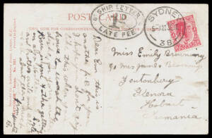 1911 & 1912 PPCs from Fiji to Sydney or from NZ to Hobart each with 1d tied by a different Sydney cds & double-oval 'SHIP LETTER/ 1D /LATE FEE' handstamp (very fine on the NZ card). Nice duo. (2)