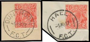 AUSTRALIAN CAPITAL TERRITORY: 'DUNTROON/6AU37/FCT' and 'HALL/5AU37/FCT' very fine on KGV 2d.