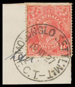 AUSTRALIAN CAPITAL TERRITORY: 'MOLONGLO SETTLMT/16MY27/FCT' superb strike on KGV 1½d red. PO 30.5.1922; TO 15.3.1945; closed 30.11.1947. [This is Australia's most recut datestamp. Originally inscribed 'NSW' at the base, it was progressively amended to 'CC