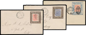 ENVELOPES - STAMPED TO ORDER: 1899-1900 1d x2 & 2d with different Advertising Collars for Dundee Whiskies or Sazerac Brandies & all-different Waverley Brewery imprints on the flaps, all locally used. Delightful trio.