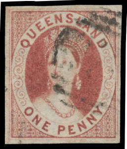 1860 Large Star Imperf 1d carmine-rose SG 1, large even margins with full outer framelines, rich colour, indistinct Barred Numeral cancel, Cat &pound;800. An unusually large & attractive example of "Number One".