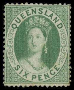 1860 Large Star Clean-Cut Perf 14-16 6d green SG 6, very slightly soiled, unused, Cat &pound;1200. A very rare stamp in unused condition. [Bernie Manning's mint pair sold at the Prestige auction of 12.5.2007 for $9200. Manning's census amounted to his pair, two