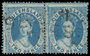 1860-61 Small Star Clean-Cut Perf 14-16 2d blue SG 7 horizontal pair, Rays '85' cancels, Cat £220+. A rare multiple.