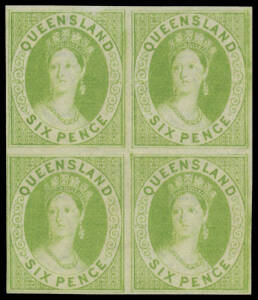 1868-78 Crown/Q 6d bright apple-green Imperforate block of 4 SG 92a, good even margins, unused, Cat £1400++. Rare & delightful! [Pairs appear regularly but very few blocks are recorded]