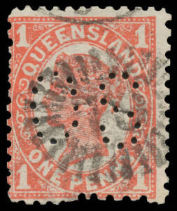 1911 Railway Perforation 10&frac12;-12&frac12; 1d red SG 313 with characteristic irregular perforations at the base perf 'OS' BW #Q15b, 'QL'-in-Rays cancel, Cat $1500 (&pound;700) but unpriced perf 'OS'. Extremely rare. RPSofV Certificate (2016). The only perf 'OS' example r