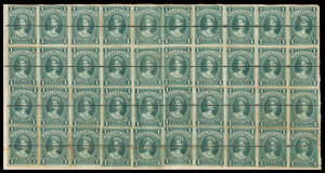 REVENUES: Large Chalons &pound;1 green x40 including two blocks of 10 affixed to the reverse of 1888 Mount Morgan Gold Mining Co 'TRANSFER OF SHARES', defaced with single pen-lines, a few faults including a crease affecting the lower 10 units. A remarkable surv