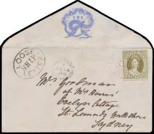 1872 cover with beautiful embossing of 'HMS/BASILISK' intertwined by a winged dragon in blue on the flap & very fine oval 'LOOSE/SHIP/LETTER' h/s of Brisbane (very early usage), to "Evelyn Cottage/St Leornards North Shore" with 3d greenish brown tied by v