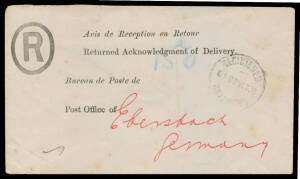 1900 use to Germany of unstamped 'Avis de Reception en Retour' envelope with printed 'R'-in-oval at upper-left, repaired opening tear & a little soiled. These envelopes are rare from all Colonies & this is the first example we have seen from Queensland. [