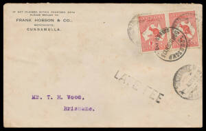 1913 merchant's advertising cover to Brisbane with Kangaroo 1d pair tied by poor Cunnamulla cds of 27MY13 & overstruck with 'TPO GS & WR/DOWN 28MY13/QUEENSLAND' cds, straight-line 'LATE FEE' h/s, a bit spotty. An unusual TPO Late Fee cover: the rate was 1