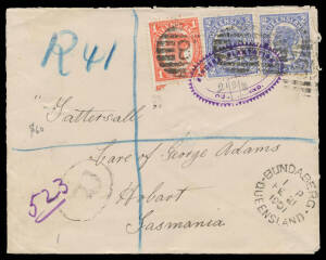 RECEIVING OFFICES: 1901 registered Tatts cover to Hobart (b/s) with 1d & 2d x2 tied by very fine fancy-oval 'BINGERA PLANTATION/("21.2.01")/QUEENSLAND' datestamp in violet overstruck with poor numeral of 'BUNDABERG' (very fine cds below). A very desirable