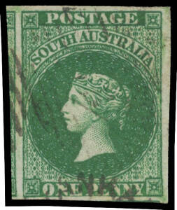 1855 London Printings by Perkins Bacon 1d dark green SG 1, an unusually large example with margins good to large with a fragment of the unit below & a chunk of the adjoining unit at left, light '75' cancel & small-part 'YANKA[LILLA]' cds, &pound;500. Superb!