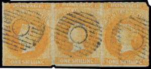 1858-59 First Roulettes 1/- orange SG 18 horizontal strip of 3, rounded corner at upper-right & a nick at the base between the first two units, neat dumb cancels of Adelaide, Cat &pound;800.150+. Rare multiple.