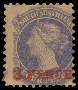 1870-71 Perf 10 '3-PENCE' in Red on 4d dull ultramarine SG 91, one short perf at the top, large-part (brown) o.g., Cat &pound;1200. A rare stamp. [Dr Donald Pearce stated in "Shilling Violet" (Dec 1991) that "discolouration of the paper...is the norm". Michael 