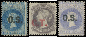 OFFICIAL STAMPS: Selection on stockcard including Type 1 'O.S.' 6d Prussian blue & 6d bright blue both with part-o.g.; and 'G.T.' Overprint of Goolwa Tramways in Red on 4d dull purple with faults but very attractive & with large-part o.g. and RPSofV Certi