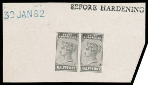 DIE PROOFS: &frac12;d Type A + &frac12;d Type B in black on a reduced piece of highly glazed card (69x39mm) handstamped '30JAN82' in blue & 'BEFORE HARDENING', minor blemishes.