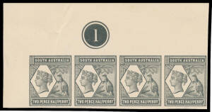 PLATE PROOFS: Selection on exhibit pages with imperf "Bantam" &frac12;d in green gutter strip of 24 (2x12) from the right of the sheet, 2d in black block of 4, 3d in olive block of 18 (6x3), 4d in violet corner block of 4, Tannenberg 2&frac12;d in black corner strip of