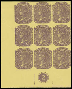 PLATE PROOFS: 2d imperforate brown-purple/bright yellow on ungummed unwatermarked wove paper, lower-left corner block of 9 (3x3) with Plate Number '2', diagonal crease. Very scarce. Probably created in Adelaide as a trial for the new colours issued in 190