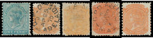 1868-76 Wide Crown/SA Selection on exhibit pages with ONE PENNY SG 154 mint & used x4, SG 158 mint and SG 161 unused & used x2; and TWO PENCE SG 152/3 mint x3 & used strip of 3, SG 155 used, SG 156 used x2 (one with light unframed 'NAVAN' cds; rated RRRR)