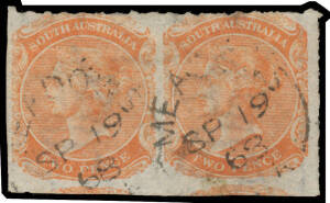 1868-76 Wide Crown/SA Rouletted 2d orange horizontal pair Imperf Between SG 153b, unframed 'MEADOWS/SE19/68/SA' cds, Cat &pound;1300. Ex Barton Sparrow. RPSofL Certificate (1994).