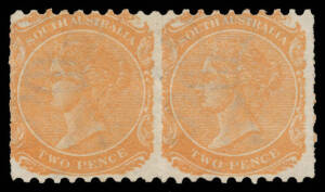 1868-76 Wide Crown/SA Perf 10xRouletted 2d orange horizontal pair SG 157, central thin, large-part o.g., Cat &pound;1000+. A rare multiple. Ex Barton Sparrow. RPSofL Certificate (1994).
