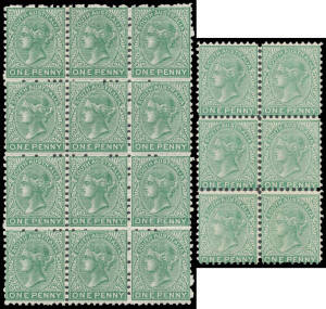 1876-1904 Narrow Crown/SA Perf 10 1d blue-green SG 167 block of 12 (3x4), the upper row creased, six other units with full unmounted o.g.; also 1d yellow-green SG 167a block of 6 (2x3), full unmounted o.g.; Cat &pound;720++ (mounted).