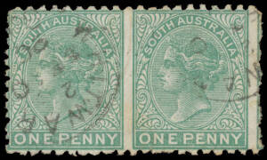 1876-1904 Narrow Crown/SA Perf 13 1d green horizontal pair Imperforate Between SG 175b, light crease, 'WHITWARTA' cds (rated R). Unpriced in Gibbons. Ex Lt-Col Harry Napier. RPSofL Certificate (1965). [Believed to be the only recorded example]