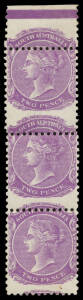 1876-1904 Narrow Crown/SA Perf 12x11&frac12; New Colours 2d violet vertical strip of 3 from the top of the sheet with Grossly Misplaced Horizontal Perfs, light vertical crease. Unlisted in the ACSC.