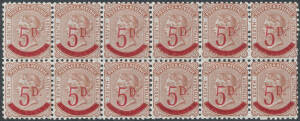 1891-93 Surcharges Perf 10 '2&frac12;d.' on 4d green & '5D.' on 6d brown SG 229 & 230 blocks of 12 (6x2), full unmounted o.g., Cat &pound;320++ (mounted). (2 blocks)