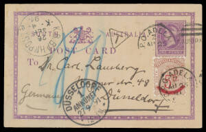 1891-93 Surcharges Perf 10 '5D.' on 6d brown tied to 1d Postal Card to Germany by GPO cds of AU25/91, on arrival 'T'-in-inverted-triangle applied & taxed "80"(pf). [The Postal Card was not valid for overseas usage so, even though it was uprated to the 6d 