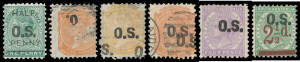 'O.S.' OVERPRINTS - THICK 'O.S.': Selection on exhibit pages including Perf 10 1d mint pair x2, 2d with the Overprint Inverted used x2 (one with 'S.' Omitted), two very different Double Overprints & No Stop after 'S ' (unpriced) all used, 4d mint, 6d mint