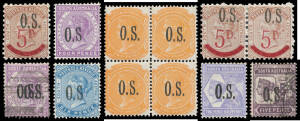 'O.S.' OVERPRINTS - THIN 'O.S.': A mostly used selection on exhibit pages including Perf 10 &frac12;d with No Stop after 'S ', 1d mint pair & strip of 3, 2d mint pair, 2&frac12;d on 4d pairs x2 (one with Closer Fraction), No Stop after 'S ' & on 1895 cover to Canada, 5